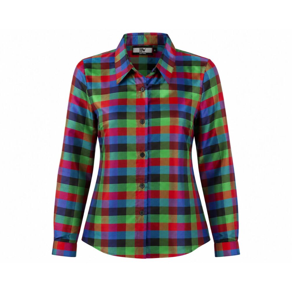 HW New York 100% Silk Plaid Button Front Blouse Women's Medium Multicolor